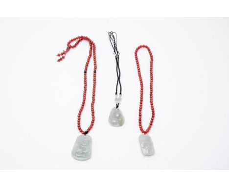 THREE CARVED JADE PENDANTS
Two on a beaded chain depicting dragons and scholars
Carved jade pendant measures 5.5cm x 4cm
Cond