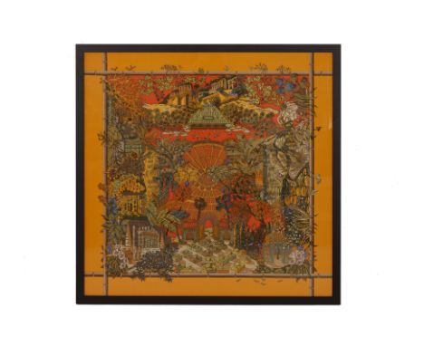 AN HERMES "JARDINS D'HIVER" SILK SCARF Designed by Annie Faivre, framed 90cm x 90cm Condition: No obvious conditional issues
