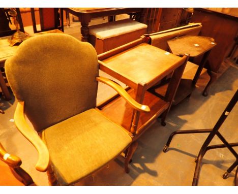 Mahogany tea trolley and an Arts and Crafts table and a folding card table 