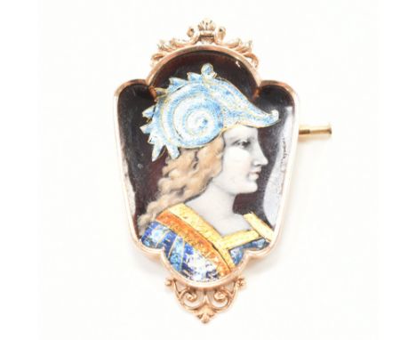 An Art Nouveau enamel panel brooch pin. The brooch having an enamelled image of a woman possibly Diana the huntress, framed w