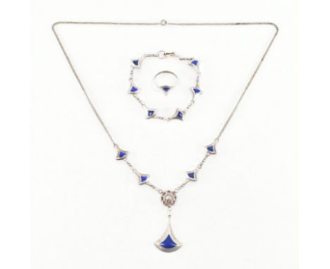 A vintage silver &amp; enamel demi parure. The jewellery suite made up of a ring, pendant chain necklace &amp; bracelet all h