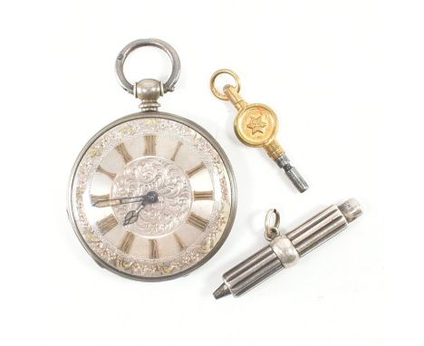 A sterling silver pocket watch &amp; propelling pencil. The pocket watch having a rounded dial with etched scrolling detailin