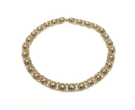 An antique David Andersen Solje 830 silver, enamel &amp; filigree necklace. The necklace comprised of 29 circular domed links