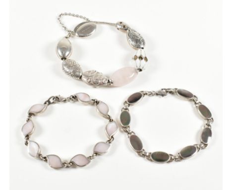 A group of three 925 silver bracelets. The lot to include a Kit Heath charm bracelet comprised of snake chain united by a lob