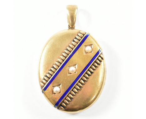 An antique yellow metal, pearl &amp; enamel locket pendant. The necklace pendant of oval form having three pearls set diagona