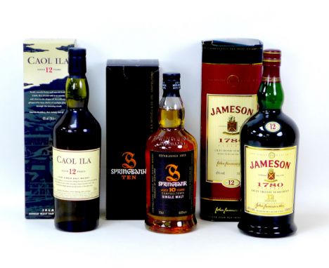 Three bottles of whisky, comprising two Scotch single malt whiskies, a Caol Ila 12 year and a Springbank 10 year old, both 70
