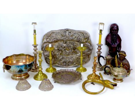 A collection of 19th century and later silver plated and other metal wares, including a heavily embossed white metal tray, 58