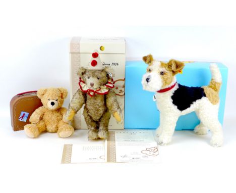 Three Steiff soft toys, comprising a limited edition 'Teddy Clown 1926', 32cm high, with certificate numbered 1162/3000, a Fo
