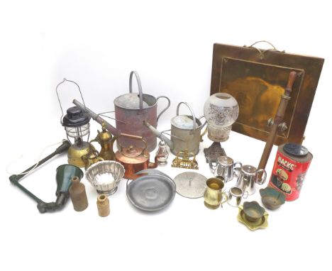 A collection of metalware, including a Liberty &amp; Co pewter dish with handle, no 01491 stamped to the base, a vintage 'Inv