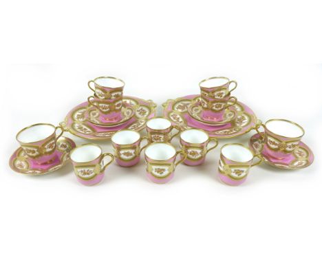 A Victorian Minton part tea and coffee service, decorated with pink band and gilt floral sprays, pattern number 3762, compris