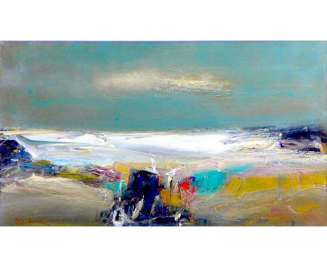 Nael Hanna (Iraqi/Scottish, b. 1959): Scottish Coastal scene 'Washed Driftwood Arbroath', oil on board, signed, 39 by 69cm, m