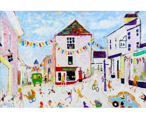 Simeon Stafford (British, b. 1956): 'Fore Street, St. Ives' oil on board, signed and dated '05.6.4', title verso, 49 by 74.5c