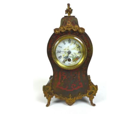 A French 19th century boulle mantel clock, the dial decorated with a countryside scene, 8-day brass barrel movement, stamped 