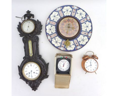 A group of four clocks, including a metal wood effect cased barometer with key, a chess stop clock, a copper alarm clock and 