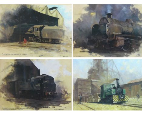 A group of four David Shepherd railway prints of steam engines, comprising 'Guildford Steam Shed No 2', 651/900, 28 by 20.3cm