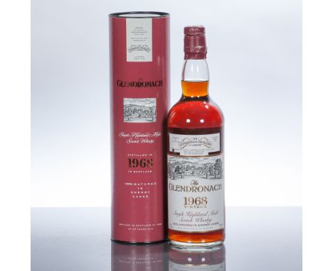 GLENDRONACH 1968 VINTAGE 
Single Highland malt whisky. Distilled 1968, bottled 1993 at 25 year old. Imported by Hiram Walker,