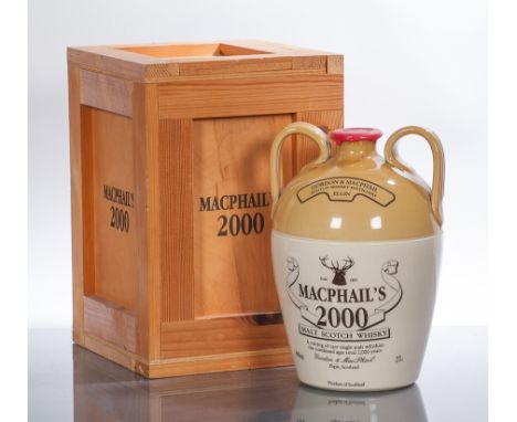 MACPHAILS 2000 
Malt Scotch Whisky. A vatting of rare malts, aged a total of 2000 years. 2 Litre, 70 proof. In ceramic flagon