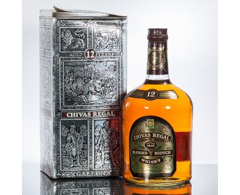 CHIVAS REGAL 12 YEAR OLD
Blended Scotch Whisky.  6 2/3 pt/3.78 L, 75° Proof, with pressure pump, in carton. Viewing recommend