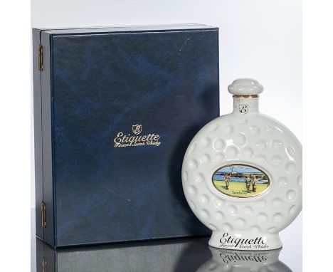 ETIQUETTE ST. ANDREWS FINEST SCOTCH WHISKY 
Blended Scotch Whisky by Scotia Duncarron, Denny, in golf themed ceramic decanter