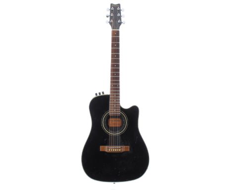 Washburn SBA24 electro-acoustic hybrid guitar; Finish: black, dings, surface scratches and marks; Fretboard: rosewood; Frets: