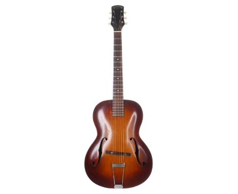 1935 Epiphone Olympic left handed conversion arch top guitar, made in USA, serial no 9xx4; Finish: amber burst, re-finish, a 