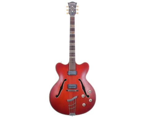 1965 Hofner Verithin hollow body electric guitar, made in Germany, ser. no. 3xx7; Finish: red, lacquer checking, dings and ot