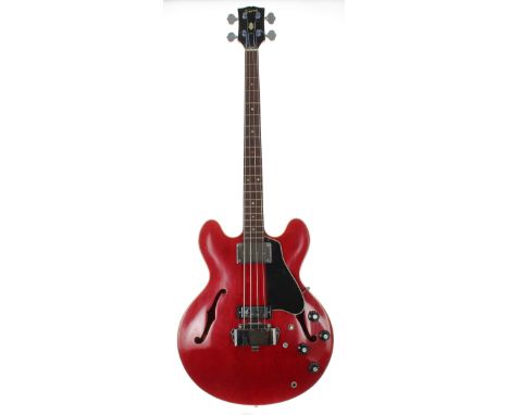 1970 Gibson EB-2 DC semi-hollow body bass guitar, made in USA, ser. no. 9xxxx0; Finish: cherry, light checking, minor dings; 