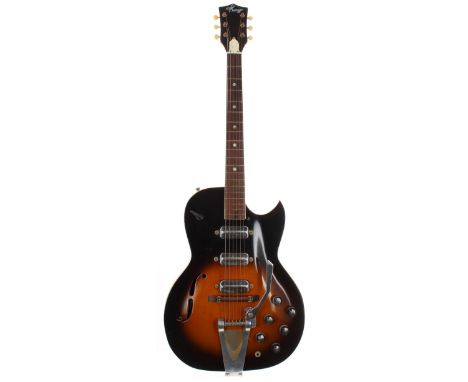 Kay Speed Demon K573 electric guitar, made in USA, circa 1962; Finish: two-tone sunburst, minor checking, minor dings and scr