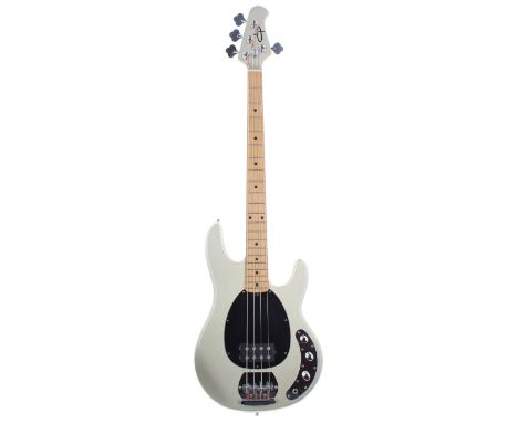 OLP Ernie Ball licensed MM2 bass guitar; Finish: graphite pearl, a few dings and blemishes; Fretboard: maple; Frets: good; El