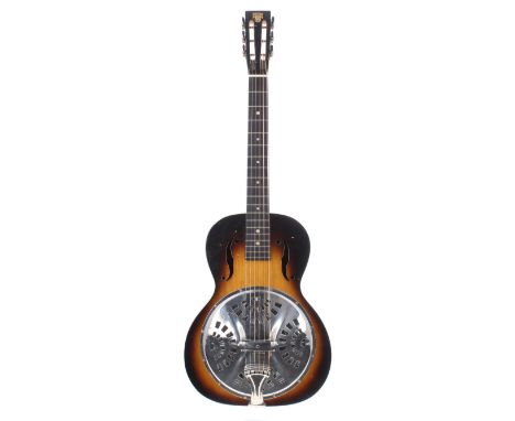 Dobro style 25 square neck resonator guitar, made in USA, circa 1936, serial no A8xx5, currently set up for left handed play;