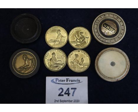 Small turned hardwood circular shaped box and cover containing yellow metal coins 'Keep your temper', together with a probabl