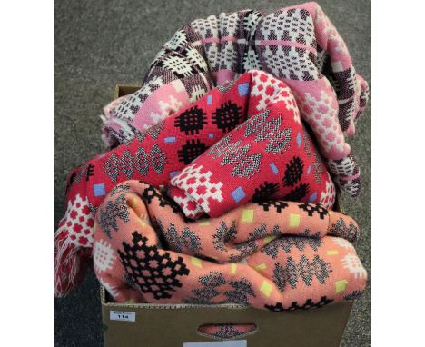 Three vintage Welsh tapestry geometric design woollen blankets in various colours, one with a Derw 100% wool, Made in Wales l
