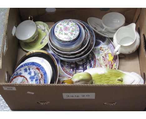 Box of assorted china to include; continental ceramic swan egg crock, modern oriental plates, Japanese cabinet cup and saucer