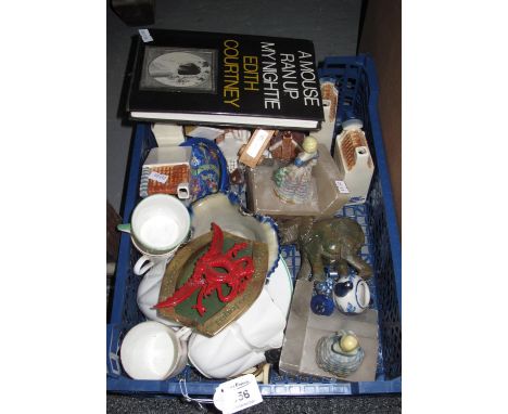 Box of assorted mainly china to include; Shelley white fluted teacups, Dutch ceramic cottages, onyx figural bookends etc. (B.