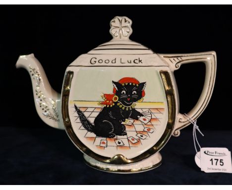 Arthur Wood pottery teapot with transfer printed decoration of a cat playing cards. (B.P. 21% + VAT) 