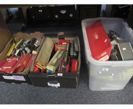 Three boxes of vintage Tri-ang, Hornby Dublo, Wrenn mainly 00 gauge locomotives and rolling stock, various including; Flying 