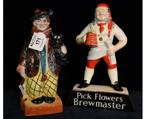 Carlton Ware 'pick flowers' brewmaster advertising figure, together with an Old Scotch and Little Scotch ceramic advertising 