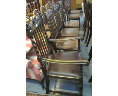 Set of six early 20th Century oak barley twist and slat back dining chairs with bobbin turned supports. (5 + 1) (6) (B.P. 21%