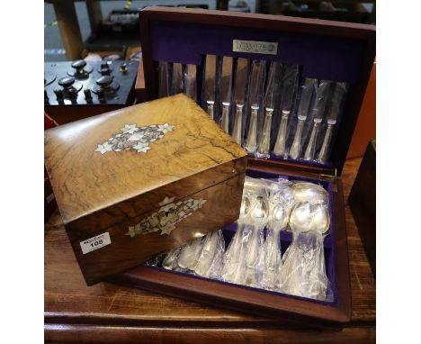 Victorian walnut ladies work box with inlaid mother of pearl geometric decoration and lift out tray. Together with a cases of