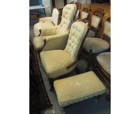 Victorian mahogany framed button back upholstered fireside armchair, together with another similar button back upholstered nu