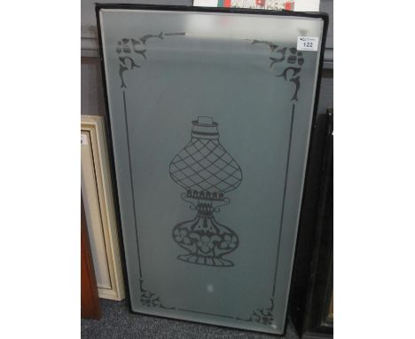 Etched glass door panel decorated with oil lamp within frame. 88 x 44cm approx. (B.P. 21% + VAT) 