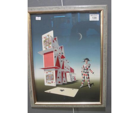 N Black (United States 20th Century), portrait of a joker with large stack of playing cards, signed,  gouache. 39 x 29cm appr