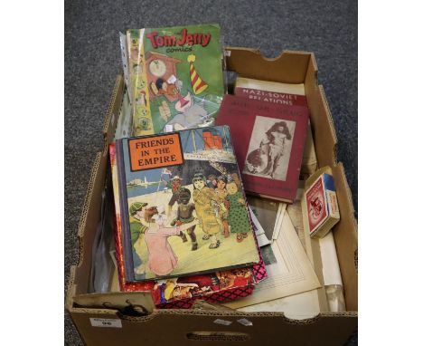 Box of assorted printed ephemera, very varied including; postcards, photographs, Tom & Jerry comic book, autograph book, Wels