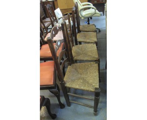Late 19th/early 20th Century ash and elm ladder back Lancashire style dining chairs on rush seats. (4)(B.P. 21% + VAT) 