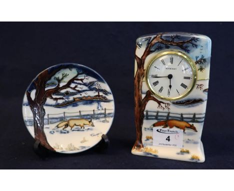Moorcroft art pottery tube lined mantel clock in the 'Woodside Farm' pattern, dated 1999, from St Asaph cathedral. Choirs and