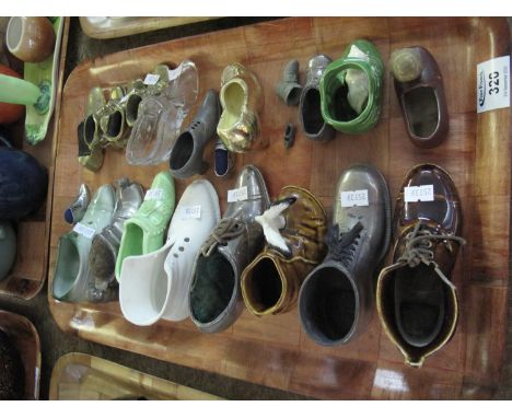 Tray of assorted ceramic, pewter, brass and other novelty boots. Some pin cushions.(B.P. 21% + VAT) 