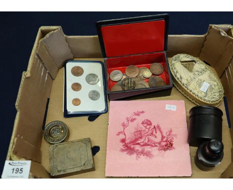 Box of oddments to include; ceramic tile, hardstone book shaped paperweight, two ebony dressing table items, lacquered box co