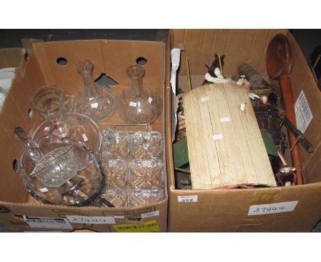 Box of assorted glassware to include; decanters, carafe, two handled bowl etc. Together with another box of items to include;