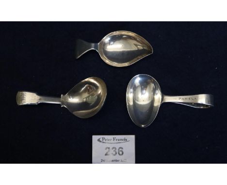 Three silver caddy spoons, various. 1.3 troy ozs aprpox. (3)(B.P. 21% + VAT) All are hallmarked, although one the marks are v