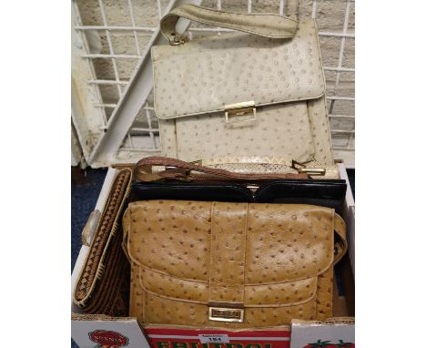 Box of vintage bags to include; a cream ostrich skin bag with strap and matching purse, a light brown ostrich skin hand bag a